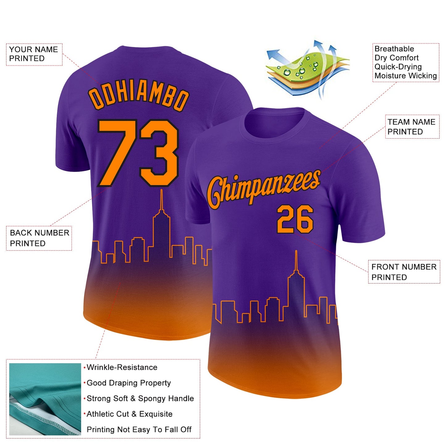 Custom Purple Bay Orange-Black 3D Phoenix City Edition Fade Fashion Performance T-Shirt view 2