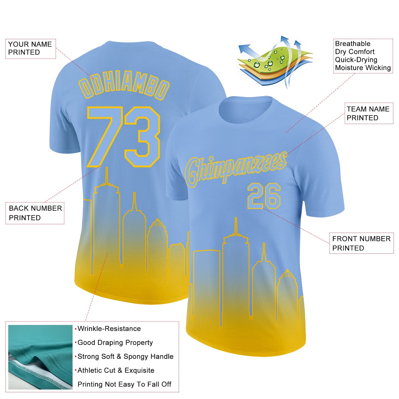 Custom Light Blue Yellow 3D Boston City Edition Fade Fashion Performance T-Shirt view 2