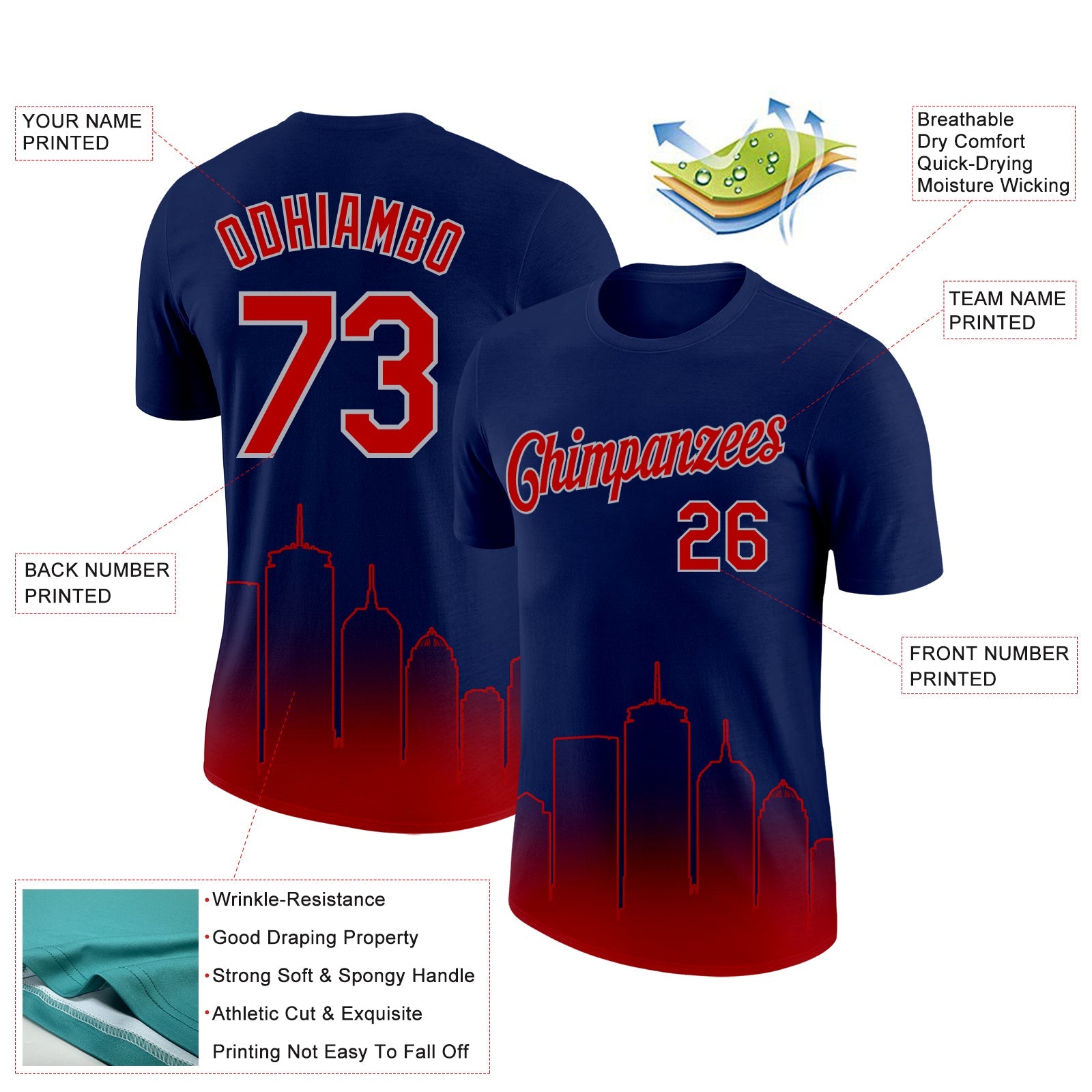 Custom Navy Red-Gray 3D Boston City Edition Fade Fashion Performance T-Shirt view 2