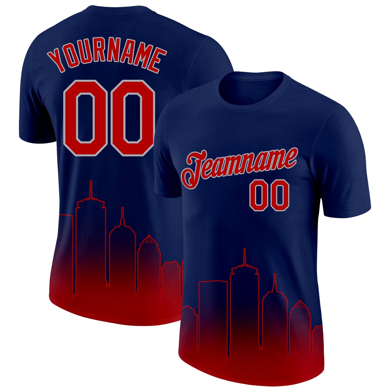 Custom Navy Red-Gray 3D Boston City Edition Fade Fashion Performance T-Shirt - Main View