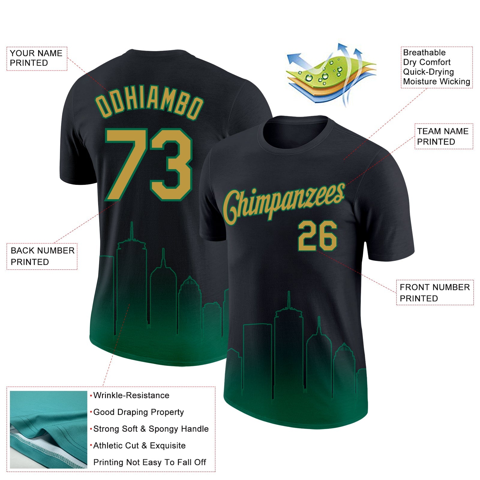 Custom Black Old Gold-Kelly Green 3D Boston City Edition Fade Fashion Performance T-Shirt view 2