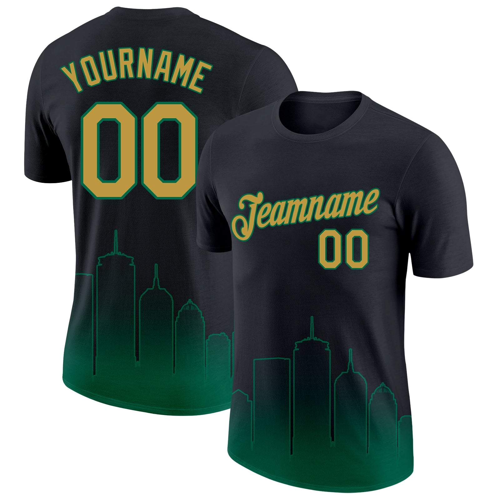 Custom Black Old Gold-Kelly Green 3D Boston City Edition Fade Fashion Performance T-Shirt - Main View
