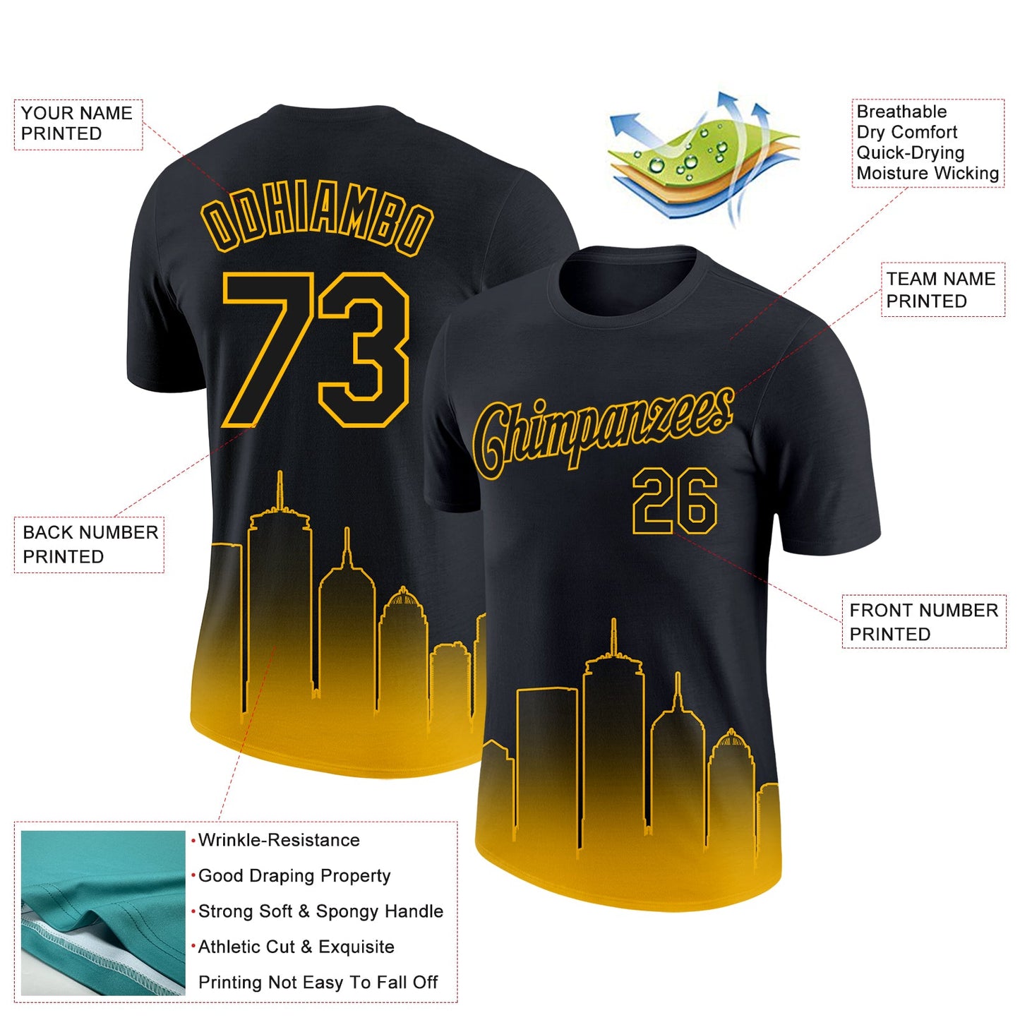 Custom Black Gold 3D Boston City Edition Fade Fashion Performance T-Shirt view 2