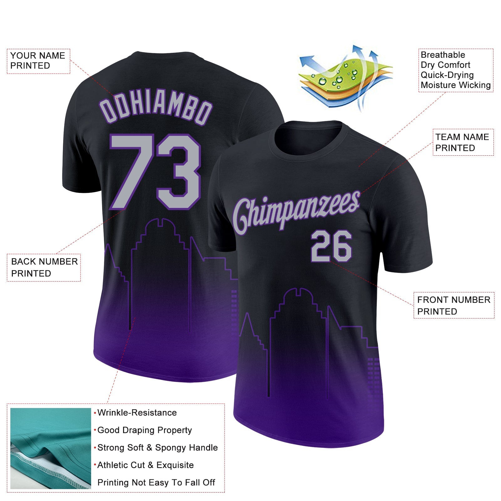 Custom Black Gray-Purple 3D Sacramento City Edition Fade Fashion Performance T-Shirt view 2