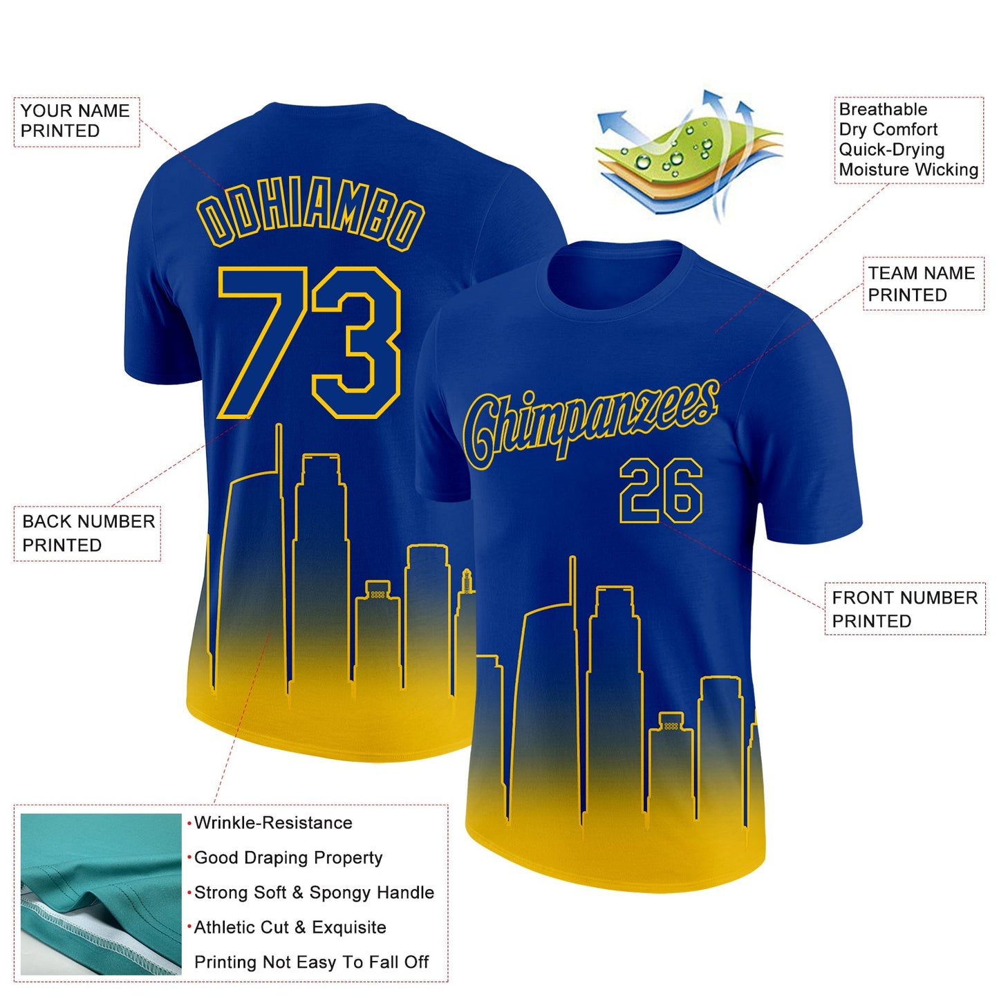 Custom Royal Yellow 3D Los Angeles City Edition Fade Fashion Performance T-Shirt view 2