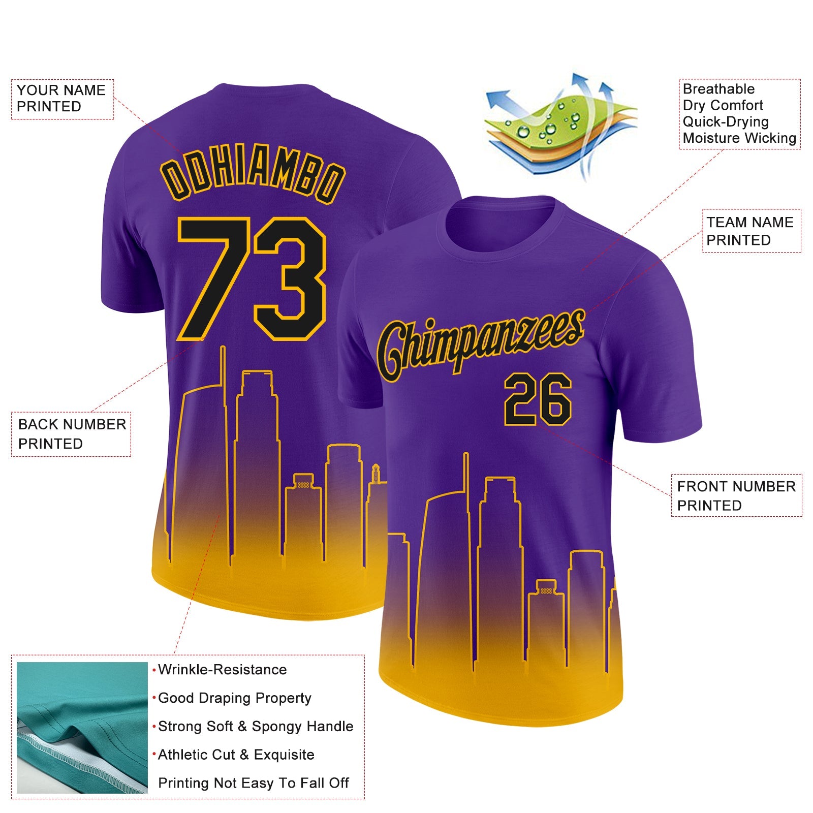 Custom Purple Black-Gold 3D Los Angeles City Edition Fade Fashion Performance T-Shirt view 2