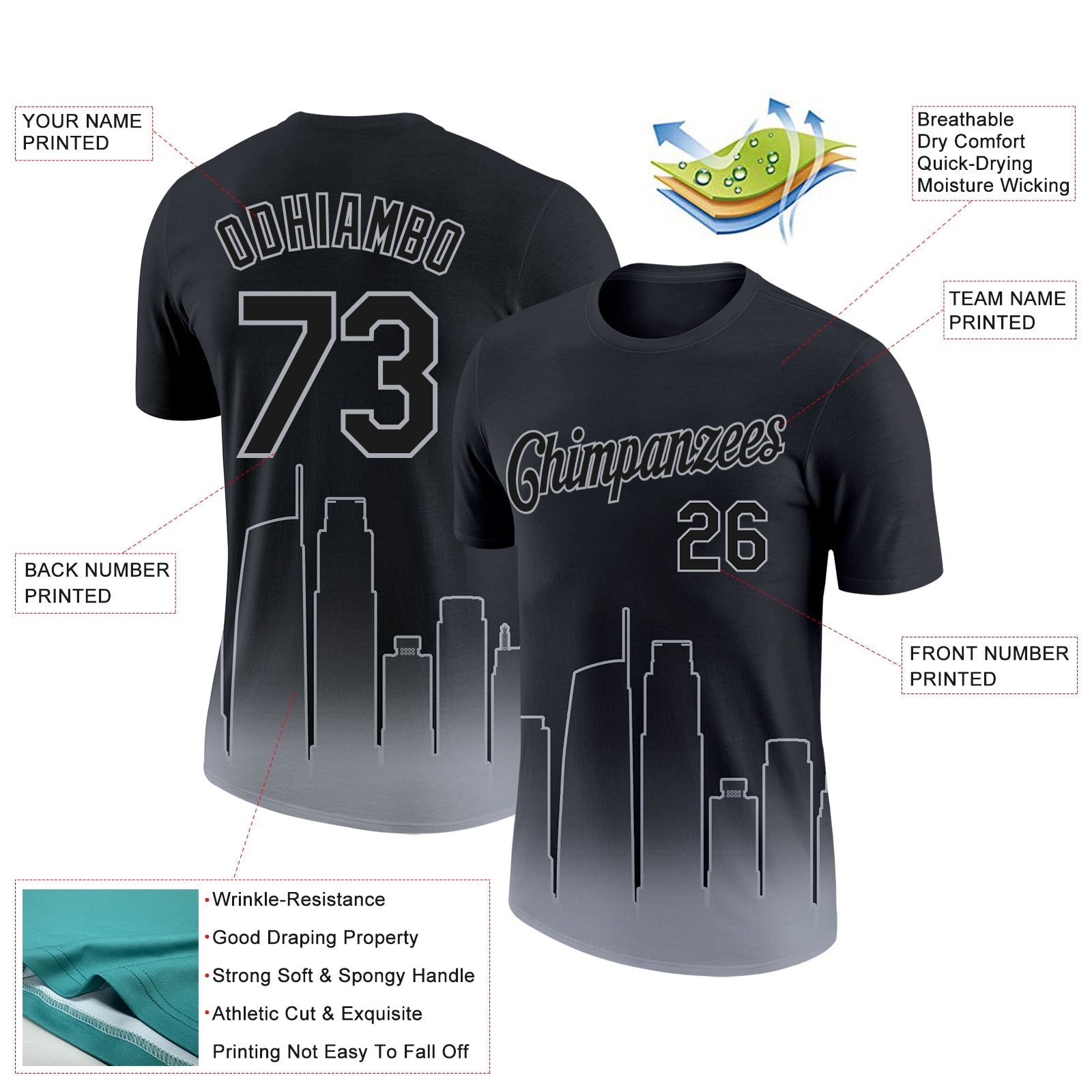 Custom Black Gray 3D Los Angeles City Edition Fade Fashion Performance T-Shirt view 2