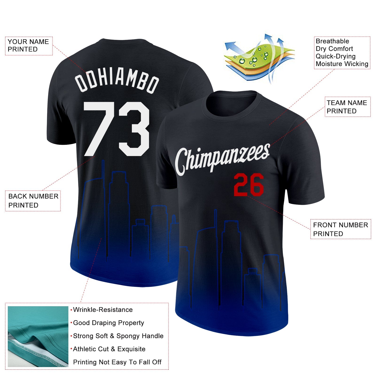Custom Black White Royal-Red 3D Los Angeles City Edition Fade Fashion Performance T-Shirt view 2