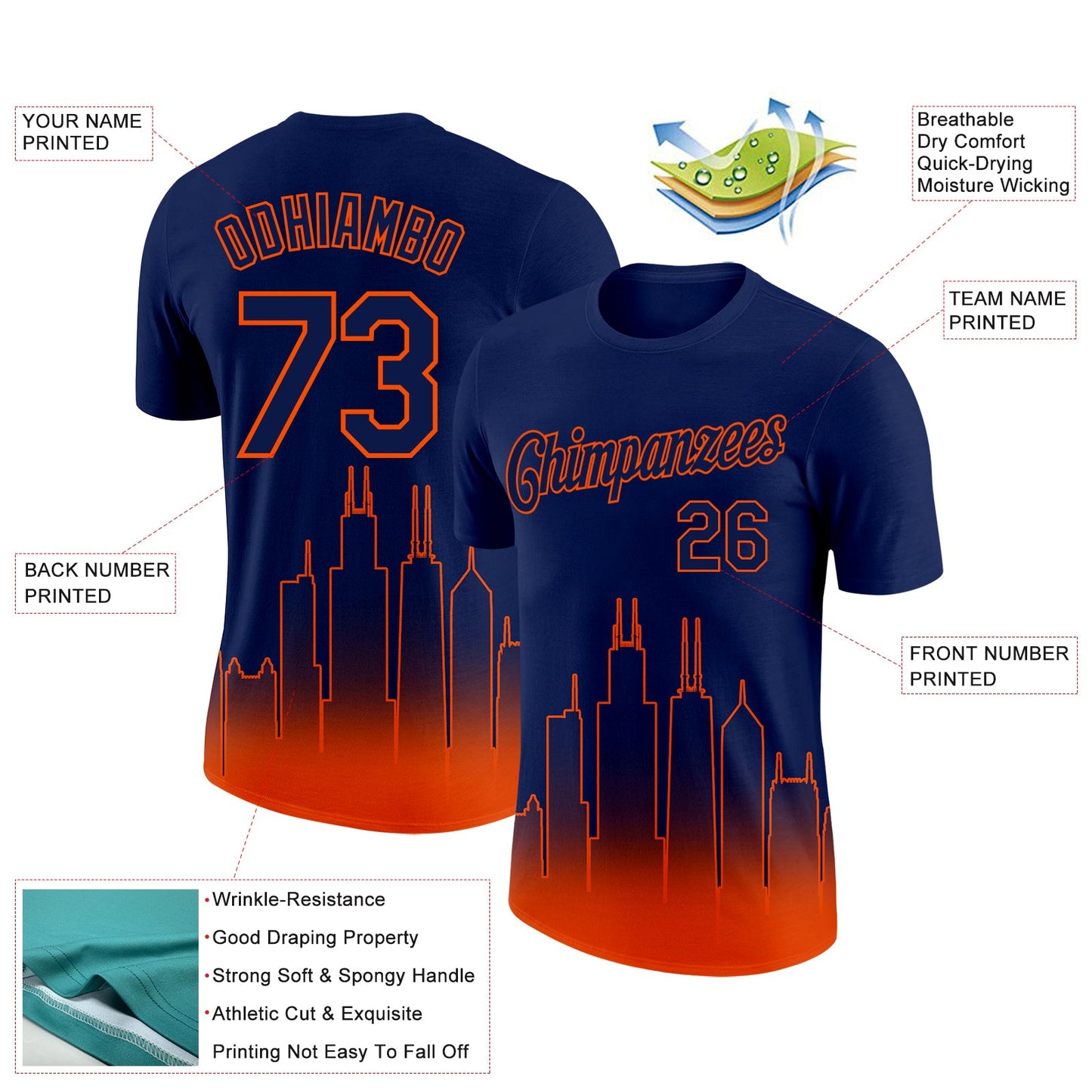 Custom Navy Orange 3D Chicago City Edition Fade Fashion Performance T-Shirt view 2