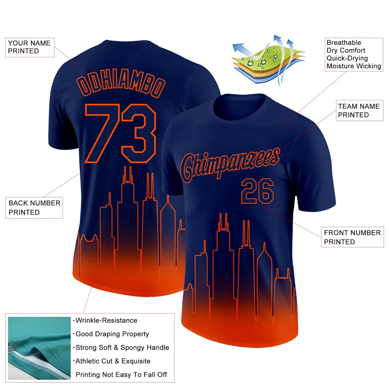 Custom Navy Orange 3D Chicago City Edition Fade Fashion Performance T-Shirt view 2