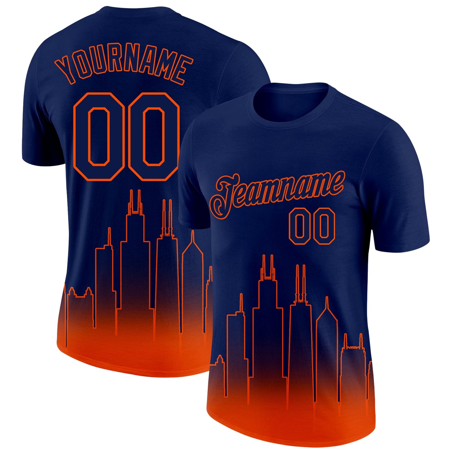 Custom Navy Orange 3D Chicago City Edition Fade Fashion Performance T-Shirt - Main View
