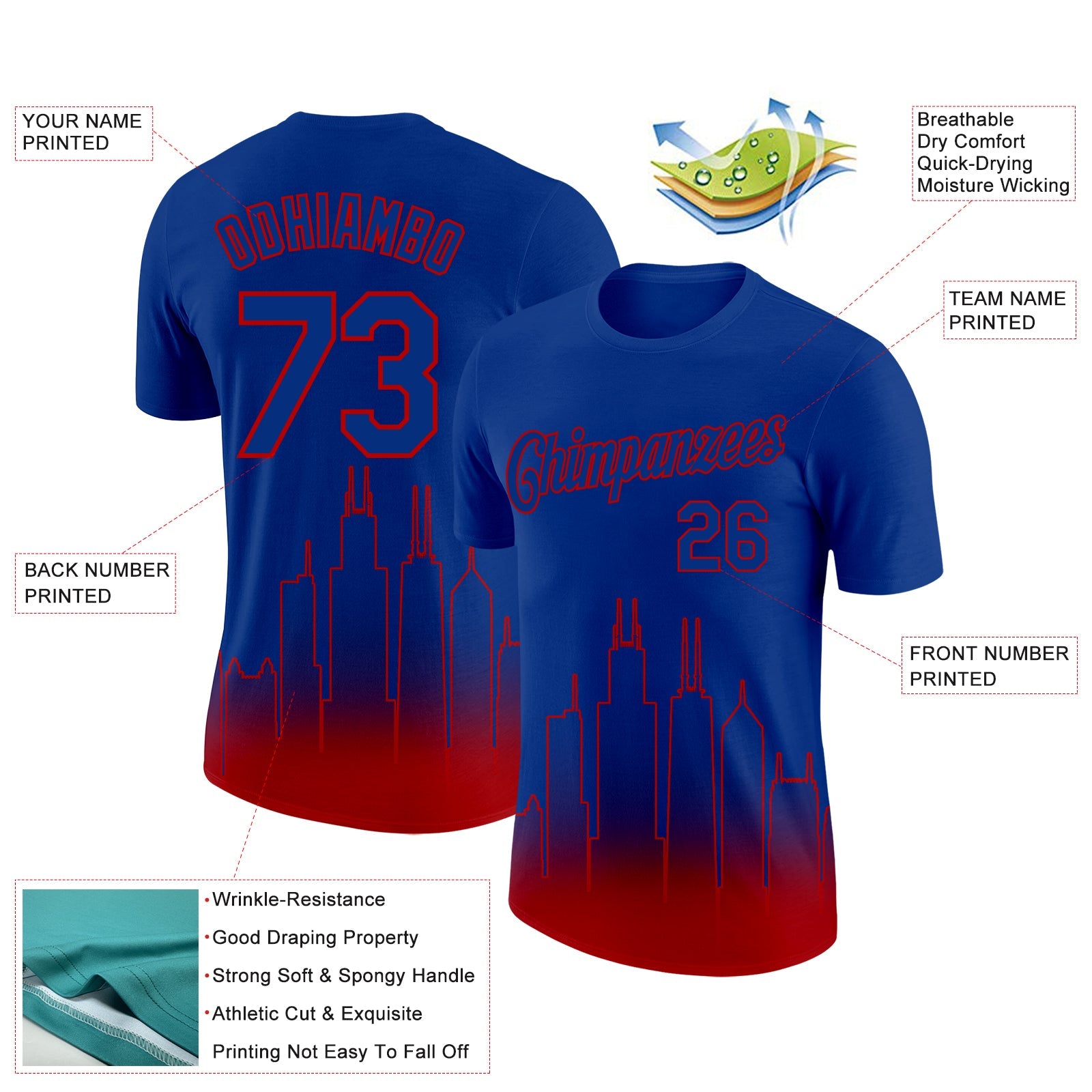 Custom Royal Red 3D Chicago City Edition Fade Fashion Performance T-Shirt view 2