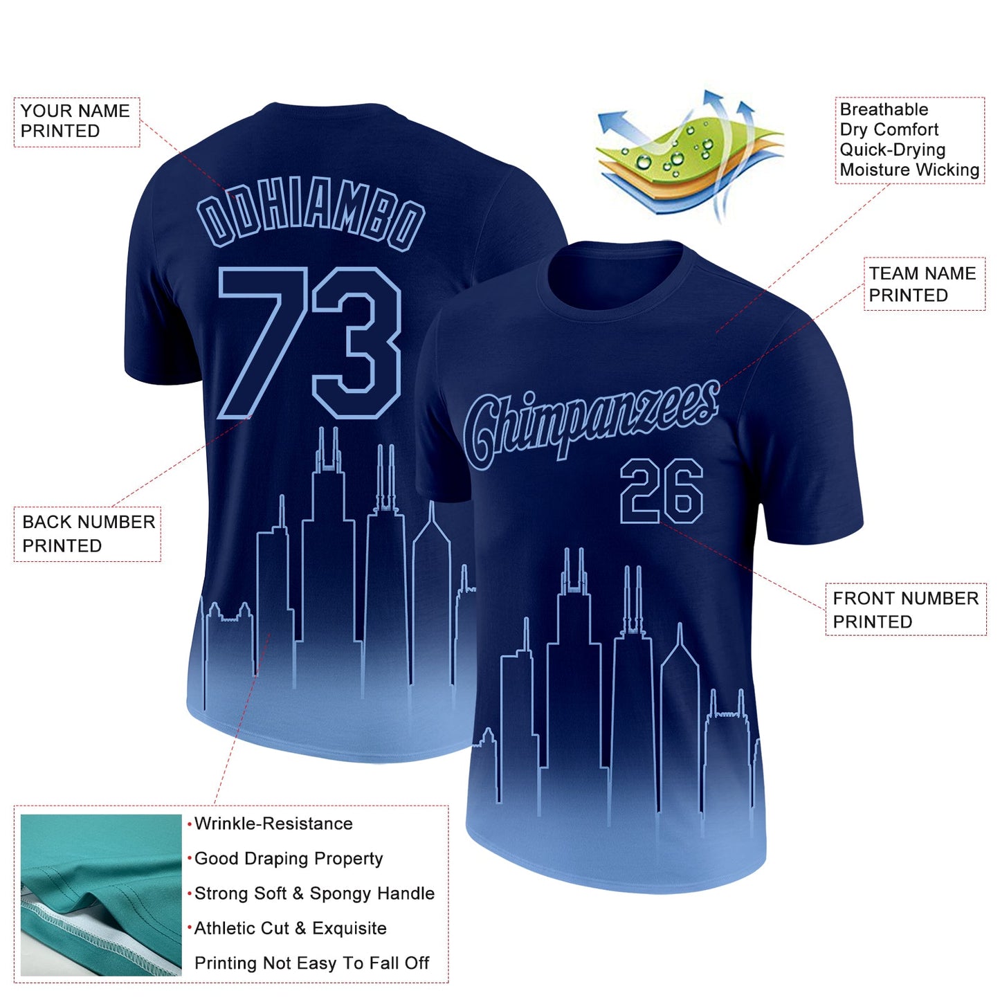 Custom Navy Light Blue 3D Chicago City Edition Fade Fashion Performance T-Shirt view 2