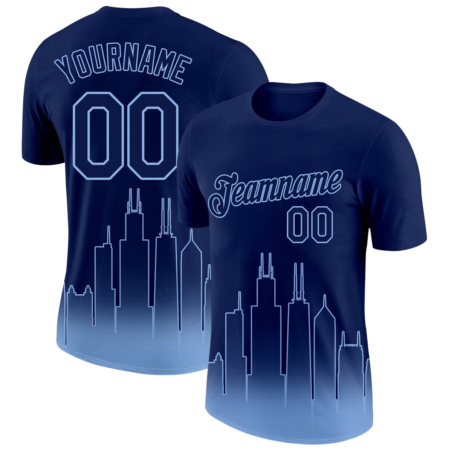 Custom Navy Light Blue 3D Chicago City Edition Fade Fashion Performance T-Shirt - Main View