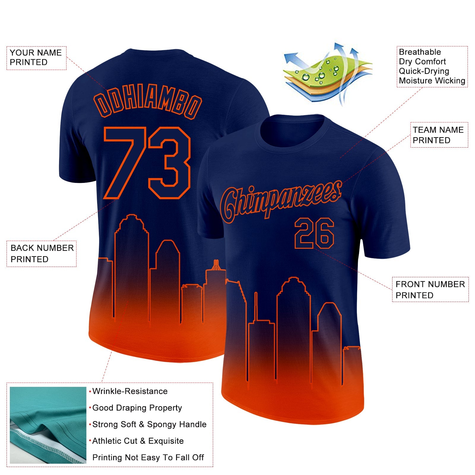 Custom Navy Orange 3D Houston City Edition Fade Fashion Performance T-Shirt view 2