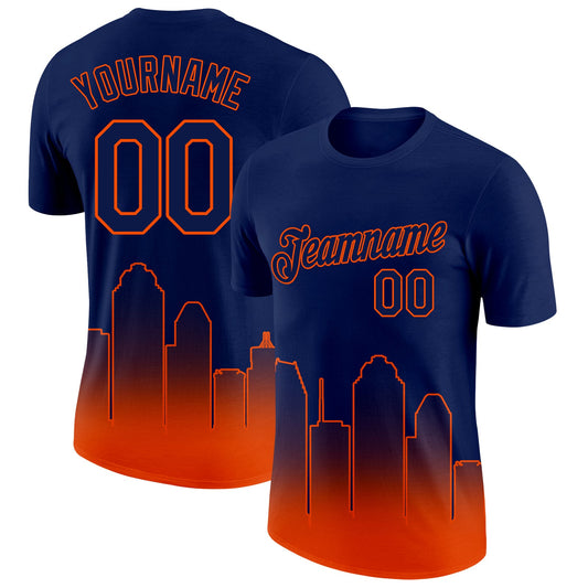 Custom Navy Orange 3D Houston City Edition Fade Fashion Performance T-Shirt - Main View