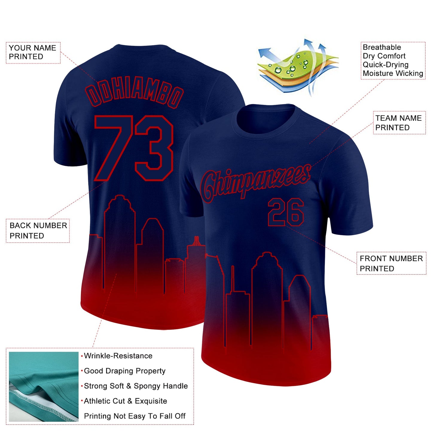 Custom Navy Red 3D Houston City Edition Fade Fashion Performance T-Shirt view 2