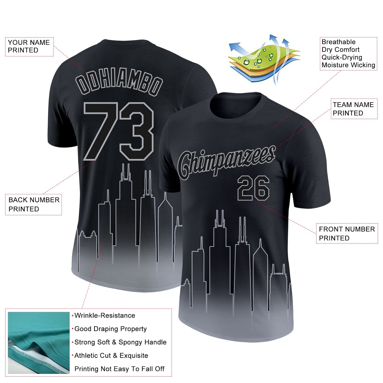 Custom Black Gray 3D Chicago City Edition Fade Fashion Performance T-Shirt view 2