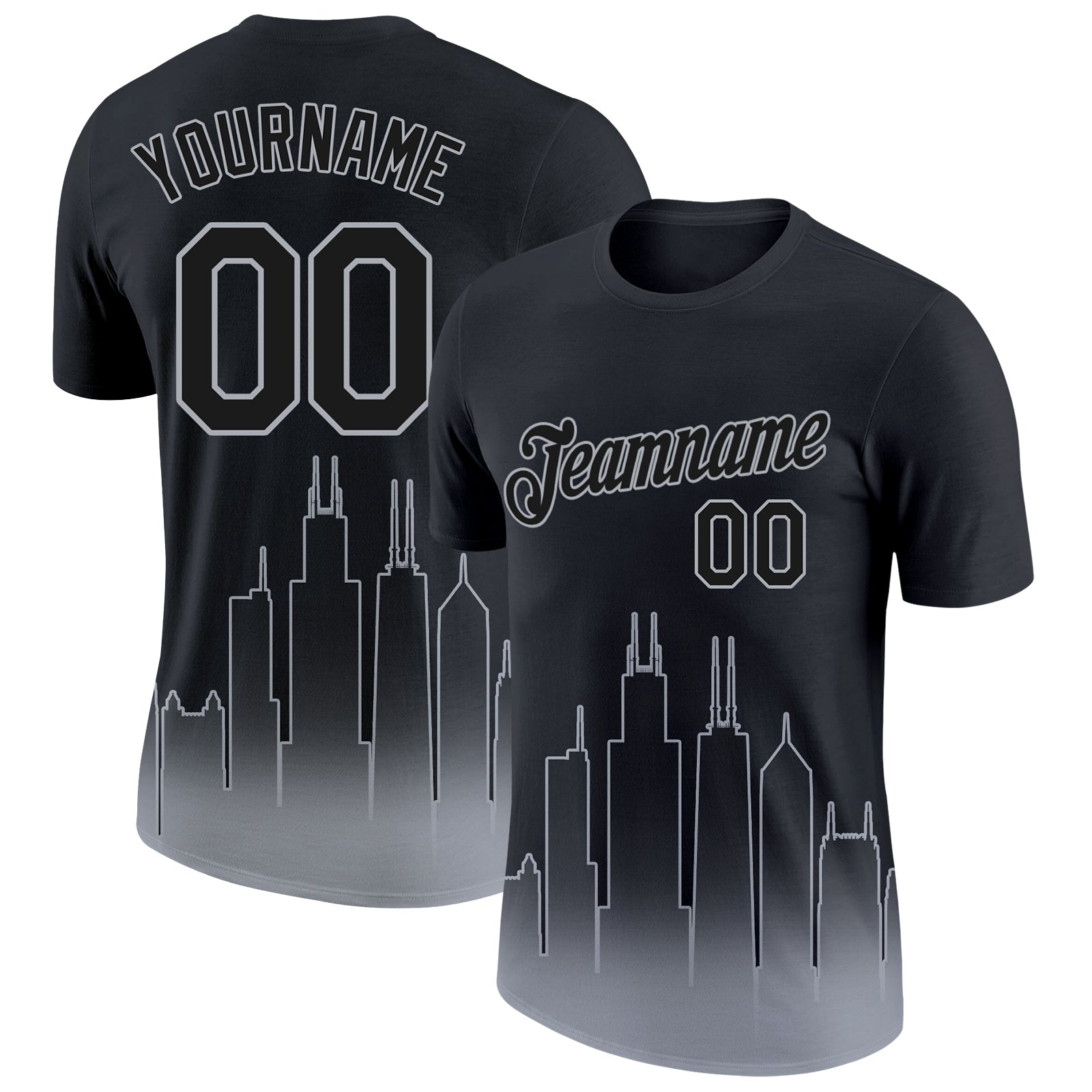 Custom Black Gray 3D Chicago City Edition Fade Fashion Performance T-Shirt - Main View