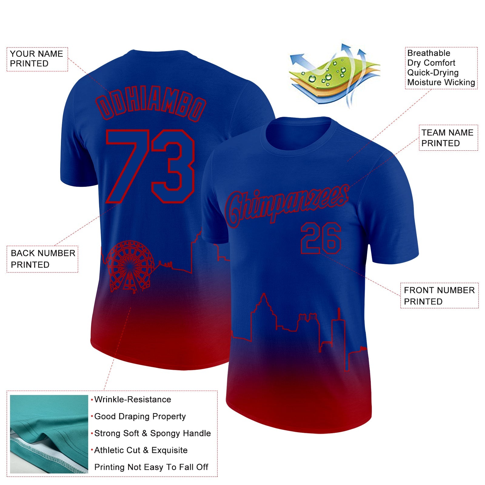 Custom Royal Red 3D Atlanta City Edition Fade Fashion Performance T-Shirt view 2