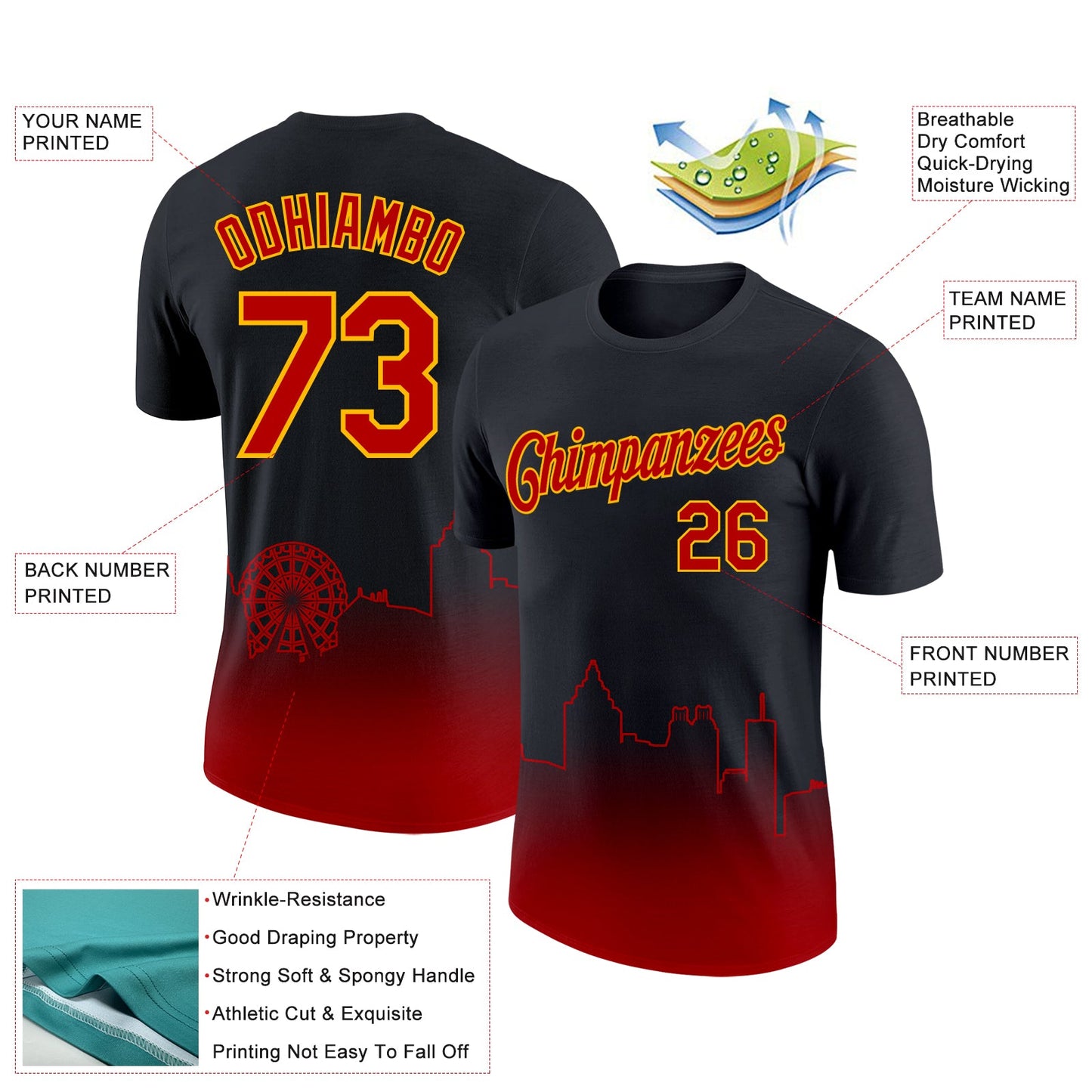Custom Black Red-Gold 3D Atlanta City Edition Fade Fashion Performance T-Shirt view 2
