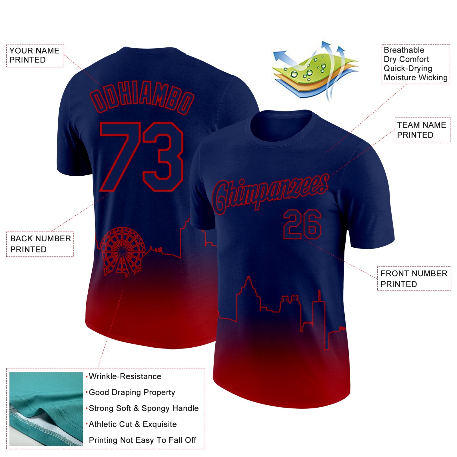 Custom Navy Red 3D Atlanta City Edition Fade Fashion Performance T-Shirt view 2