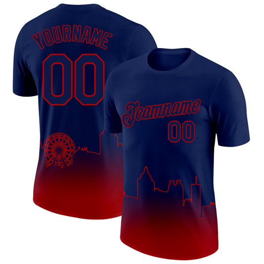 Custom Navy Red 3D Atlanta City Edition Fade Fashion Performance T-Shirt - Main View