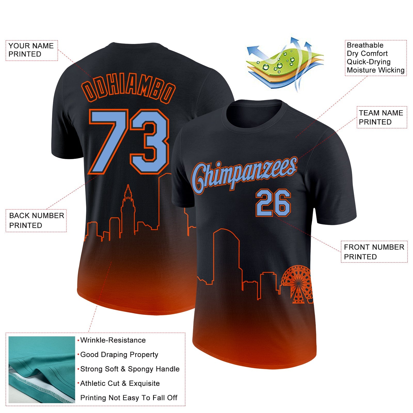 Custom Black Powder Blue-Orange 3D Miami City Edition Fade Fashion Performance T-Shirt view 2
