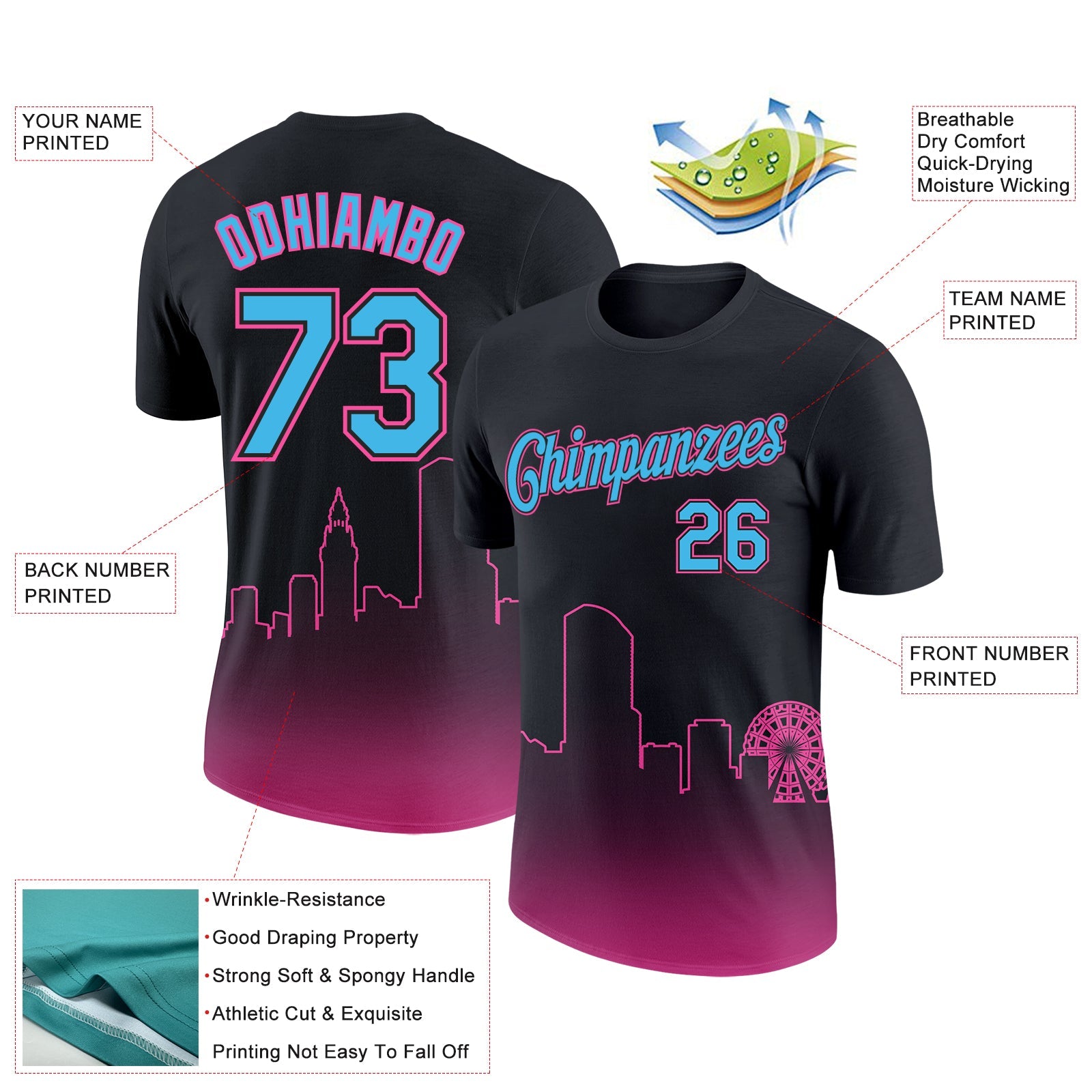 Custom Black Sky Blue-Pink 3D Miami City Edition Fade Fashion Performance T-Shirt view 2