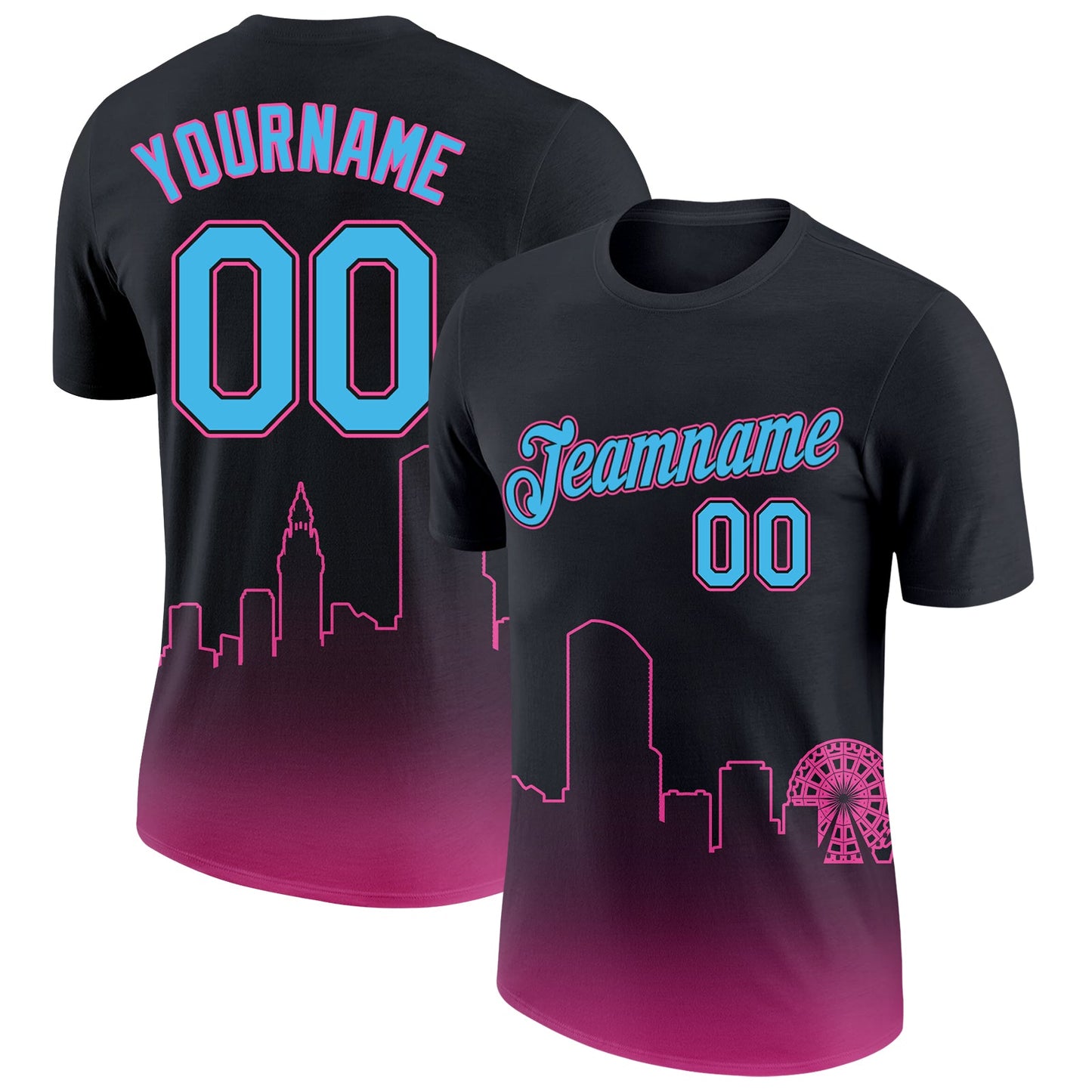Custom Black Sky Blue-Pink 3D Miami City Edition Fade Fashion Performance T-Shirt - Main View