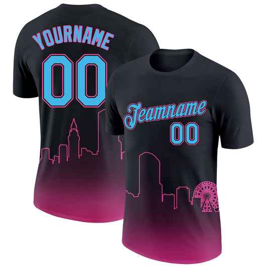 Custom Black Sky Blue-Pink 3D Miami City Edition Fade Fashion Performance T-Shirt - Main View