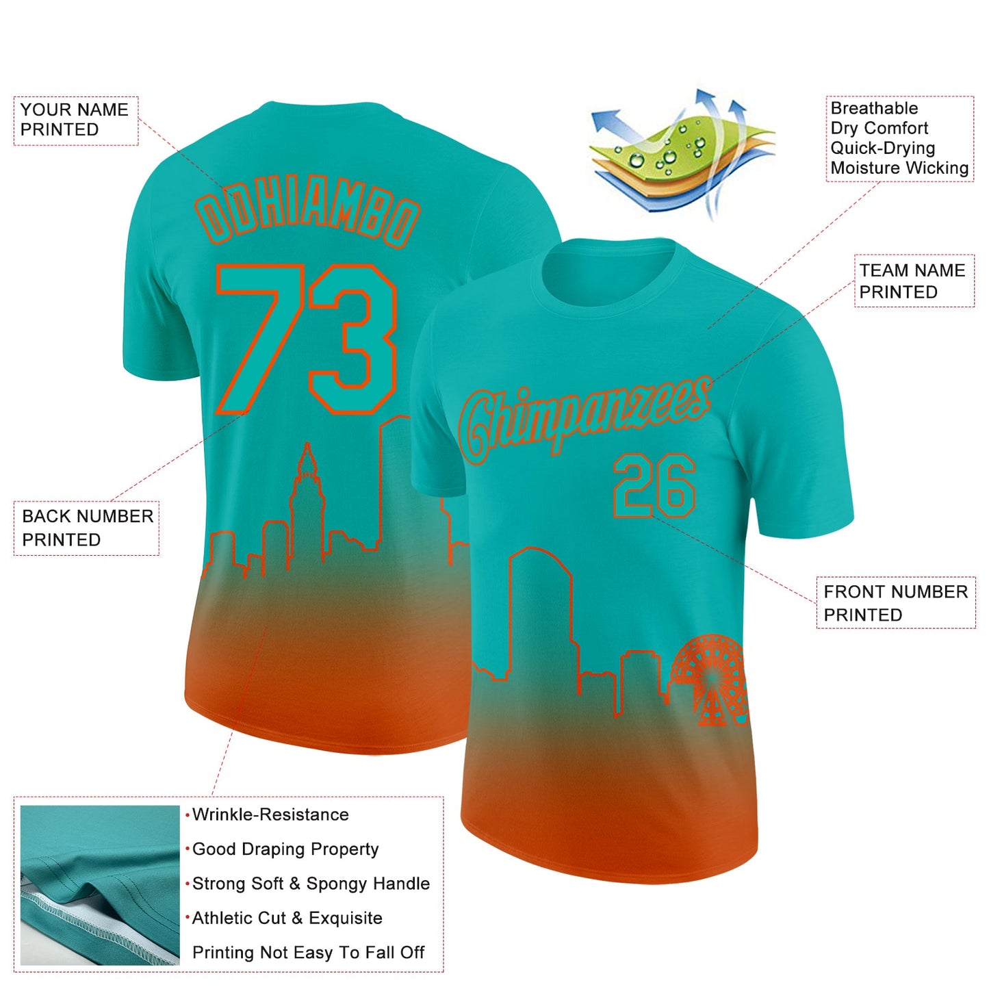 Custom Aqua Orange 3D Miami City Edition Fade Fashion Performance T-Shirt view 2