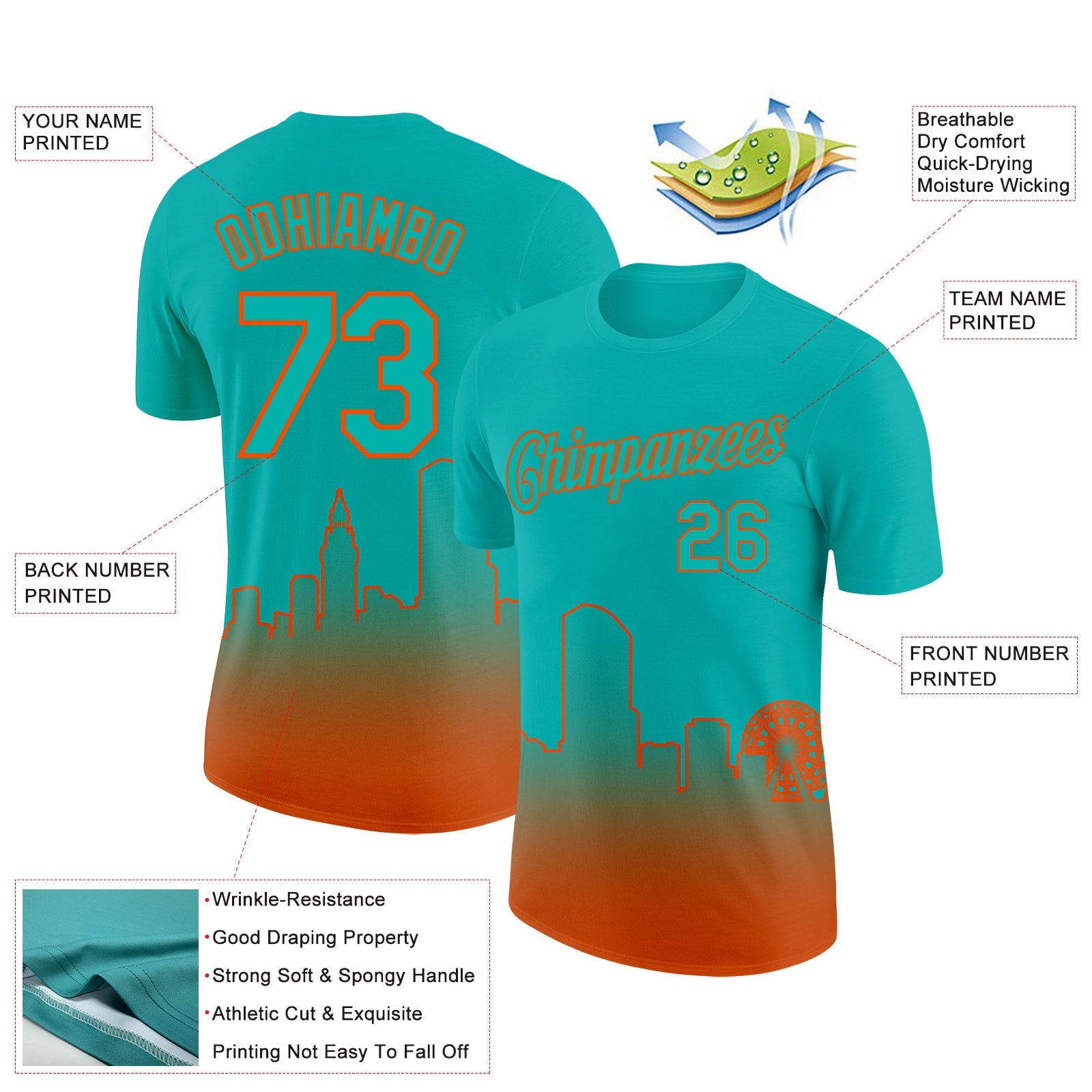 Custom Aqua Orange 3D Miami City Edition Fade Fashion Performance T-Shirt view 2