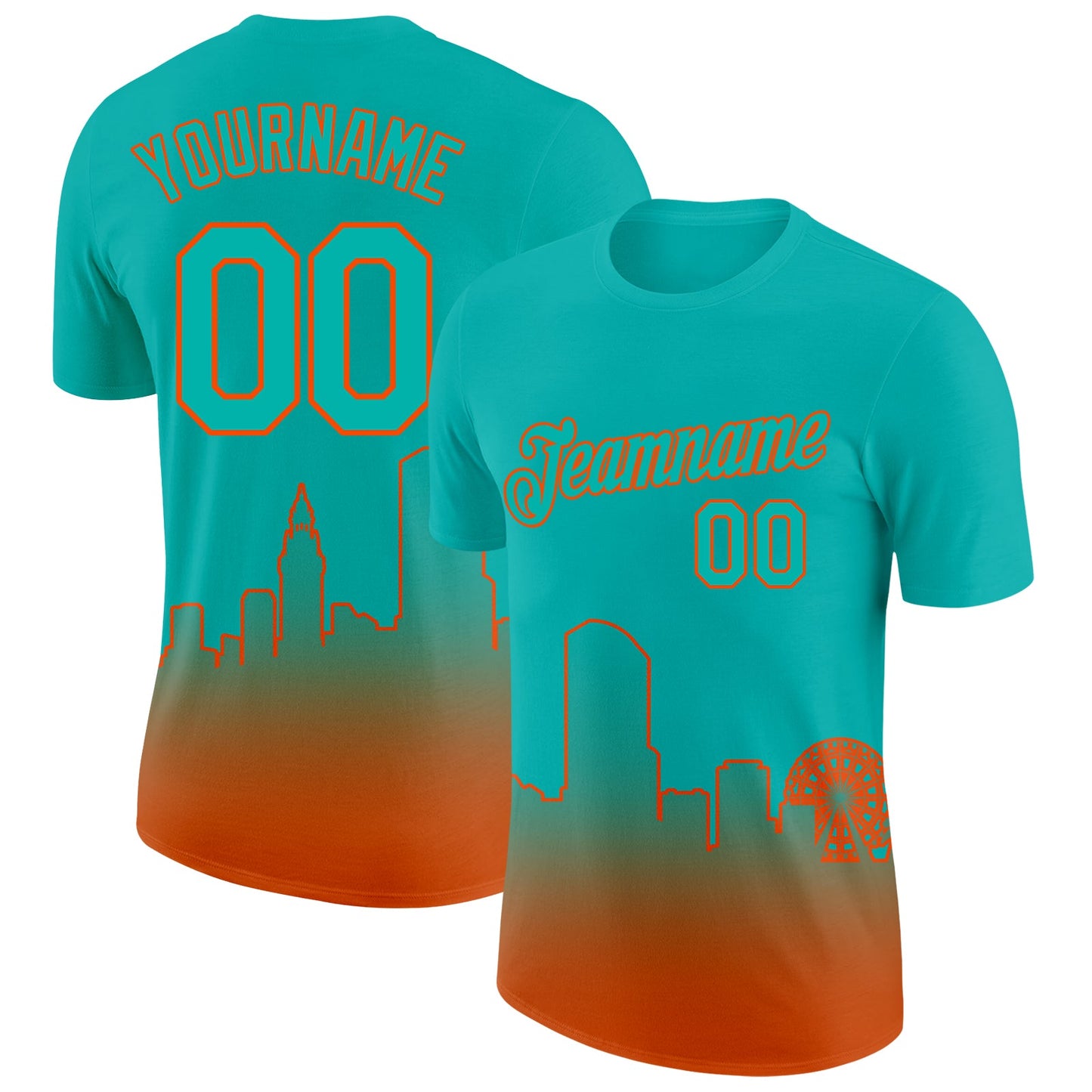 Custom Aqua Orange 3D Miami City Edition Fade Fashion Performance T-Shirt - Main View