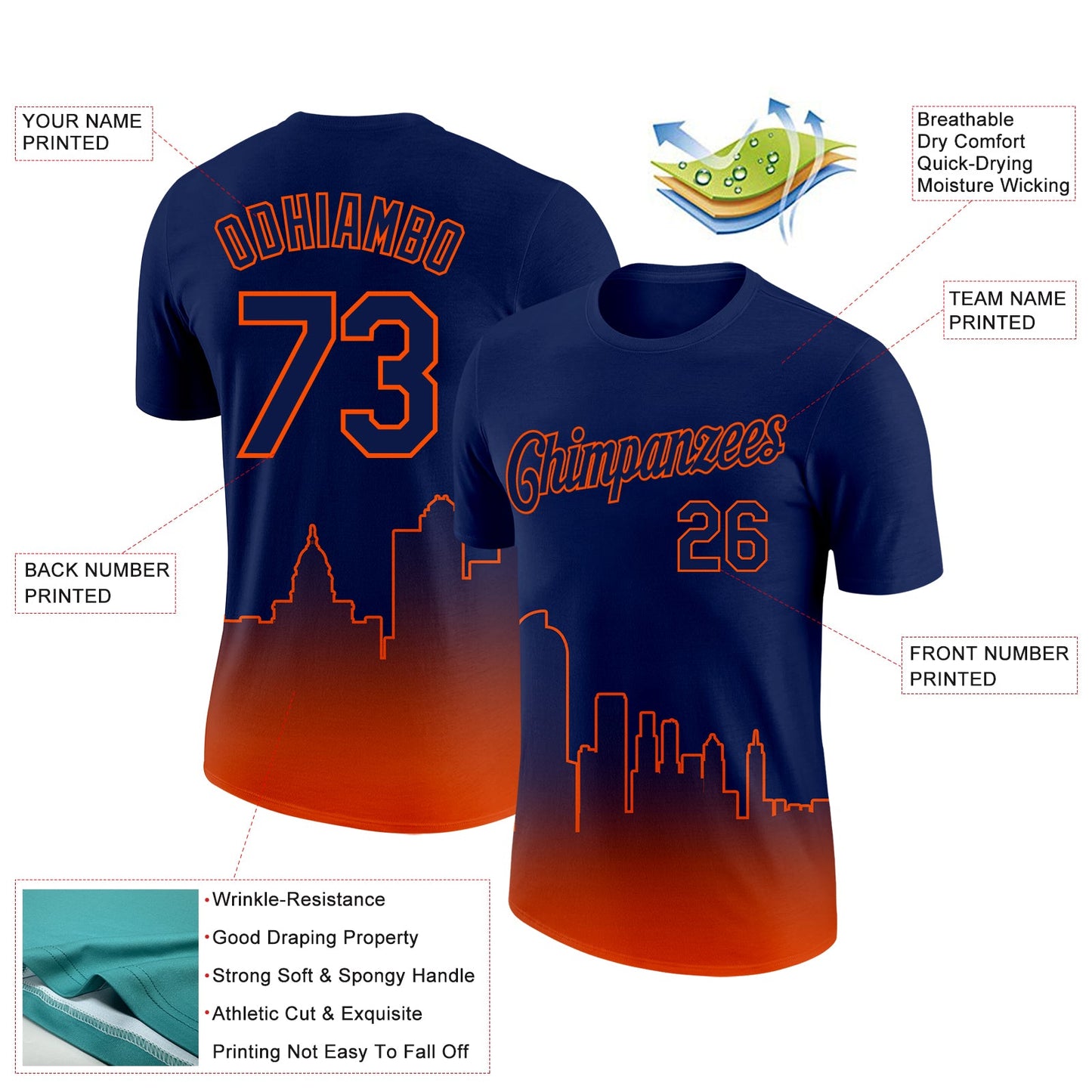 Custom Navy Orange 3D Denver City Edition Fade Fashion Performance T-Shirt view 2