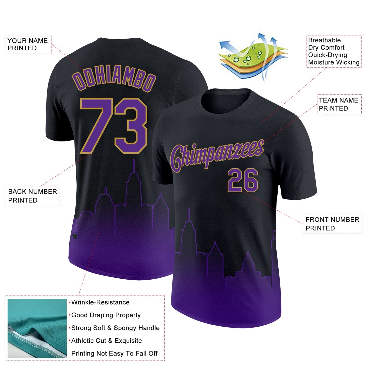 Custom Black Purple-Old Gold 3D Baltimore City Edition Fade Fashion Performance T-Shirt view 2