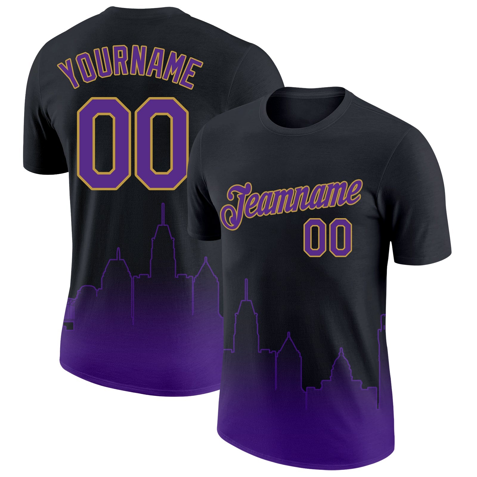 Custom Black Purple-Old Gold 3D Baltimore City Edition Fade Fashion Performance T-Shirt - Main View