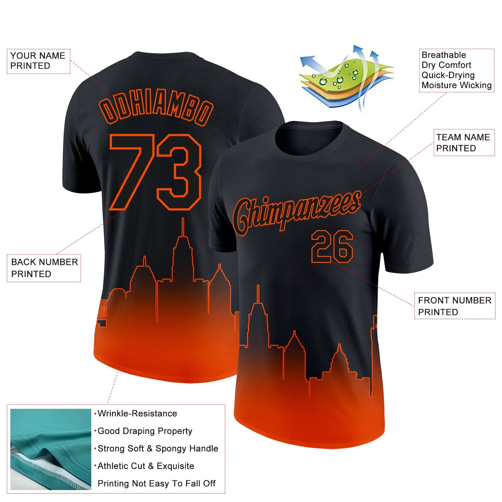 Custom Black Orange 3D Baltimore City Edition Fade Fashion Performance T-Shirt view 2