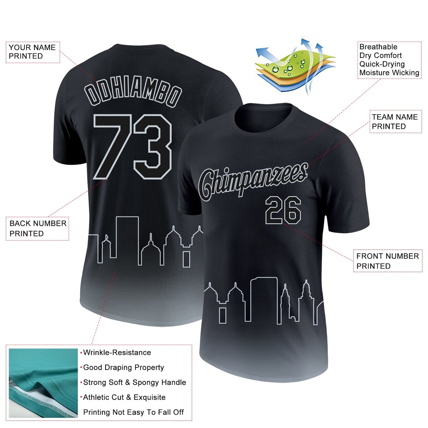 Custom Black Silver 3D Oakland City Edition Fade Fashion Performance T-Shirt view 2