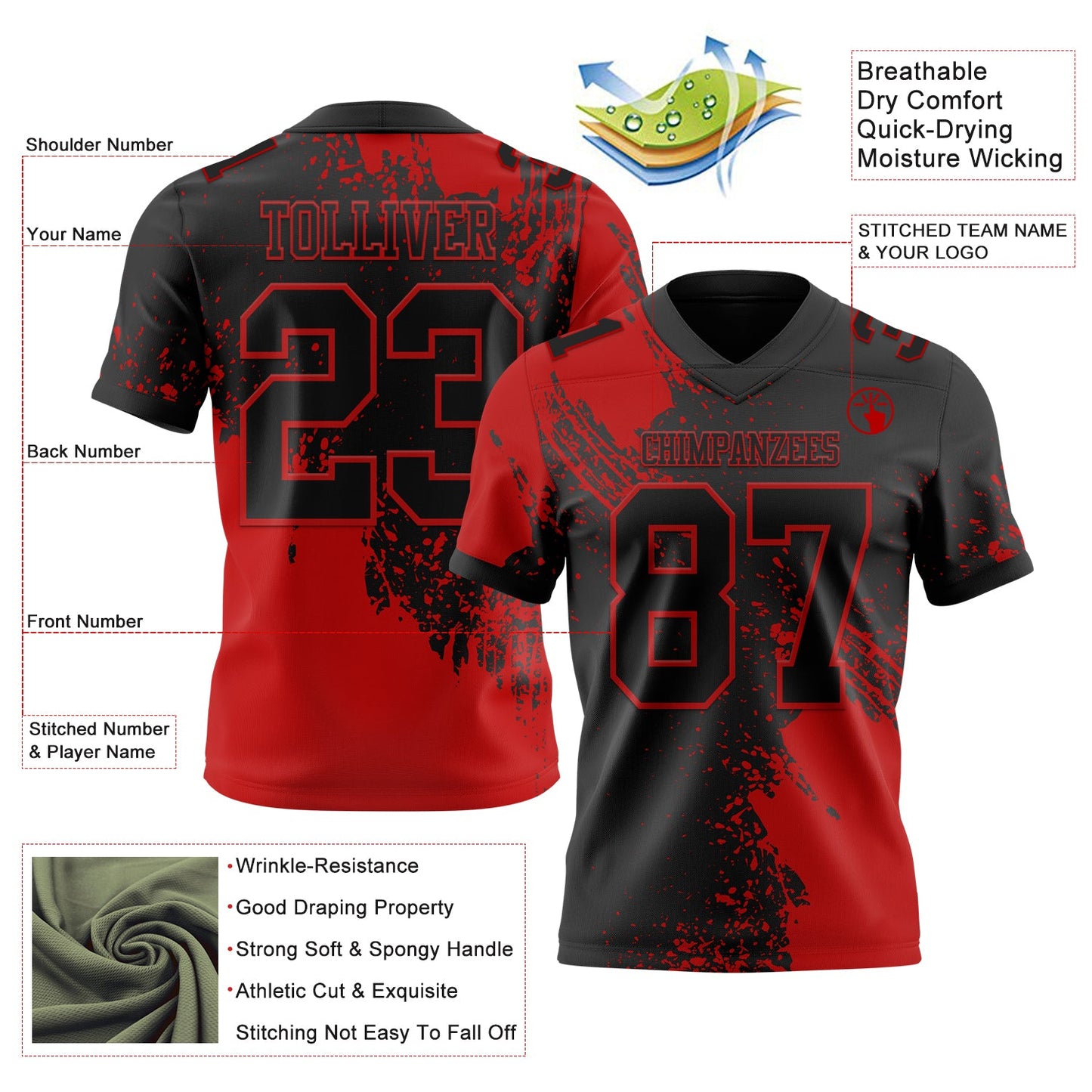 Custom Black Red 3D Pattern Abstract Brush Stroke Authentic Football Jersey view 2