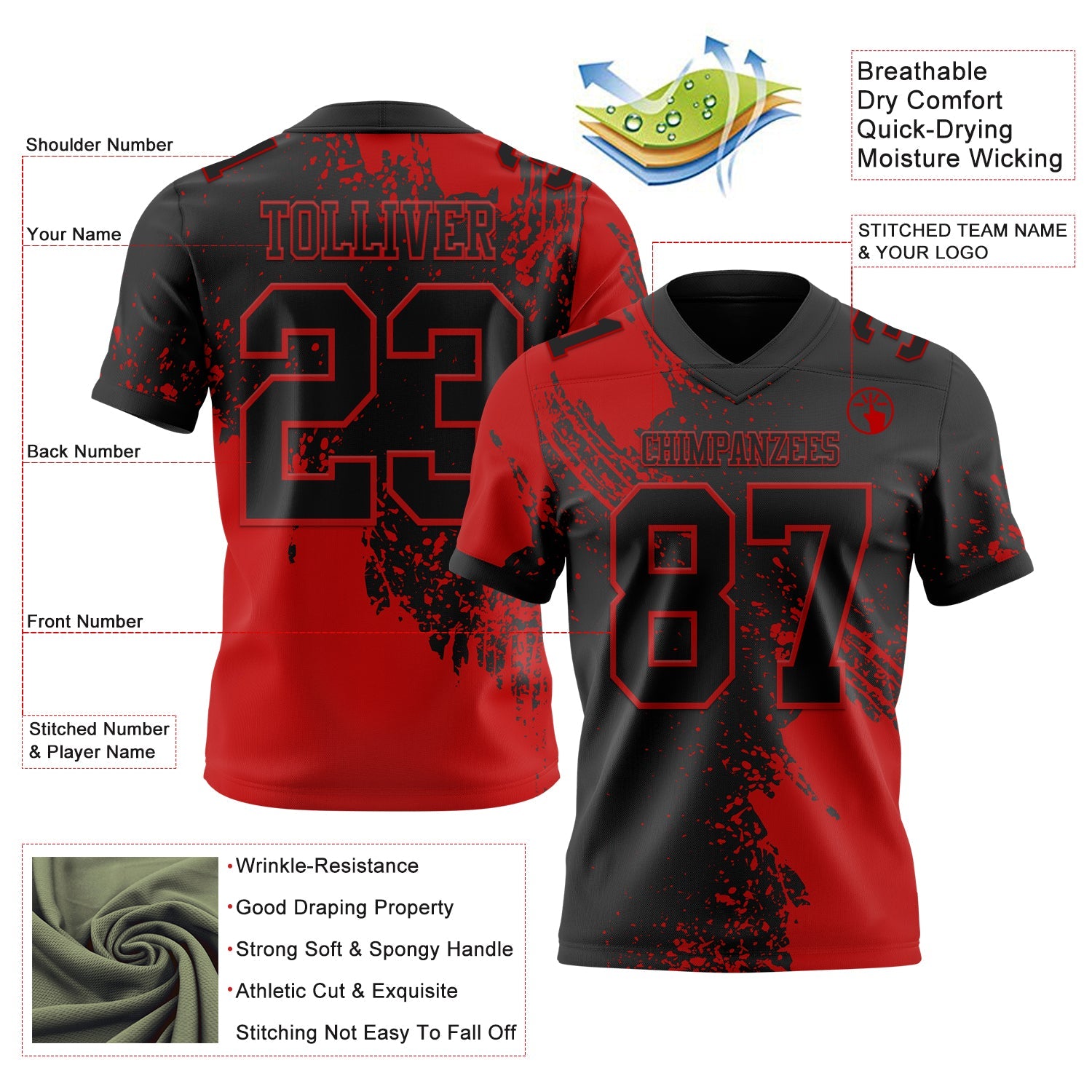 Custom Black Red 3D Pattern Abstract Brush Stroke Authentic Football Jersey view 2