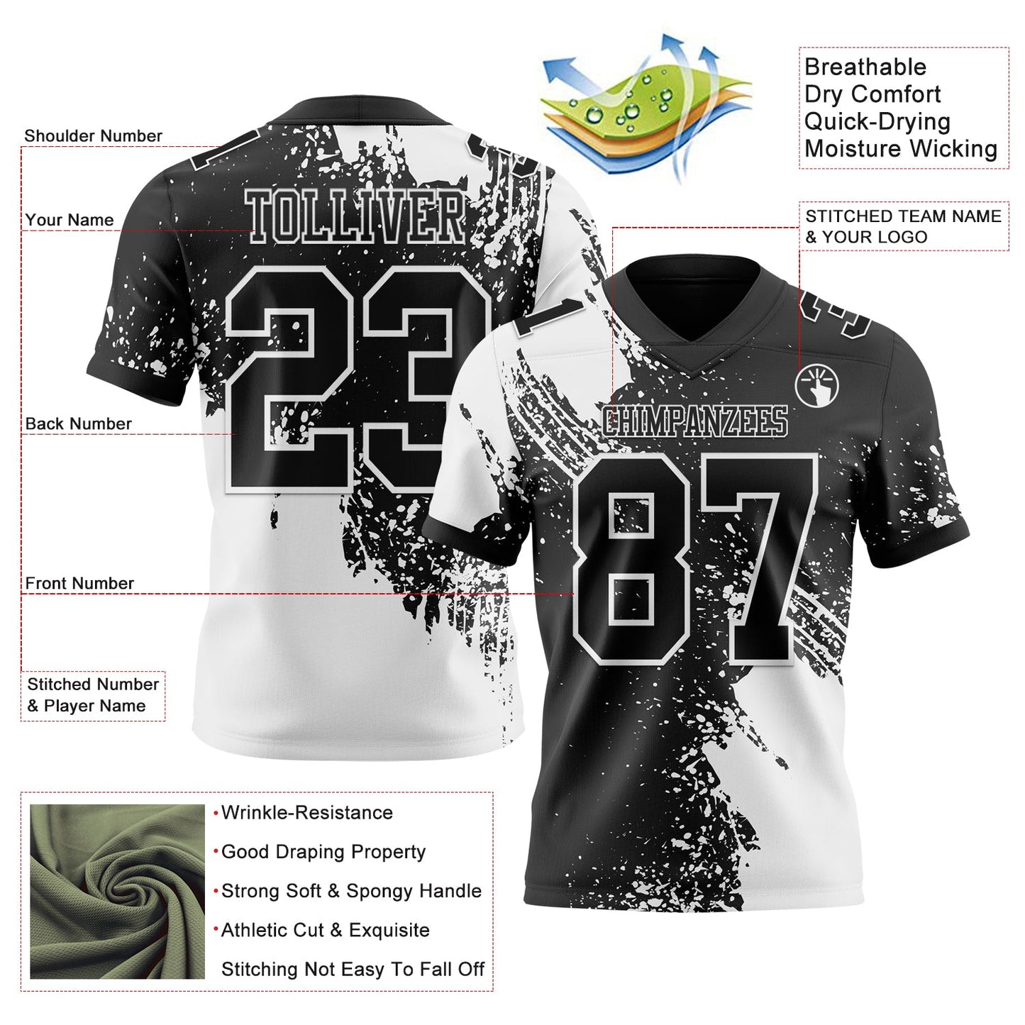 Custom Black White 3D Pattern Abstract Brush Stroke Authentic Football Jersey view 2