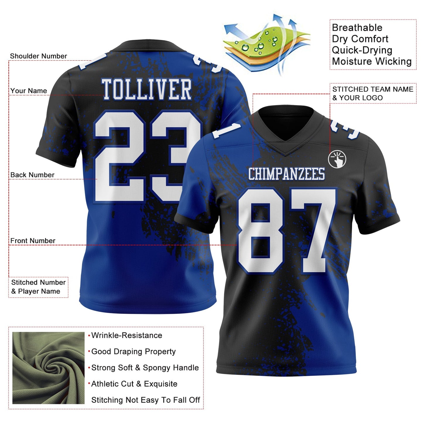 Custom Black White-Royal 3D Pattern Abstract Brush Stroke Authentic Football Jersey view 2