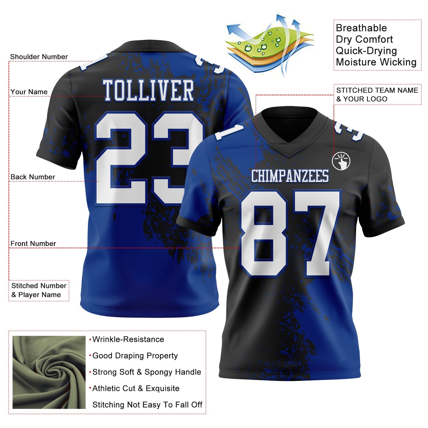 Custom Black White-Royal 3D Pattern Abstract Brush Stroke Authentic Football Jersey view 2