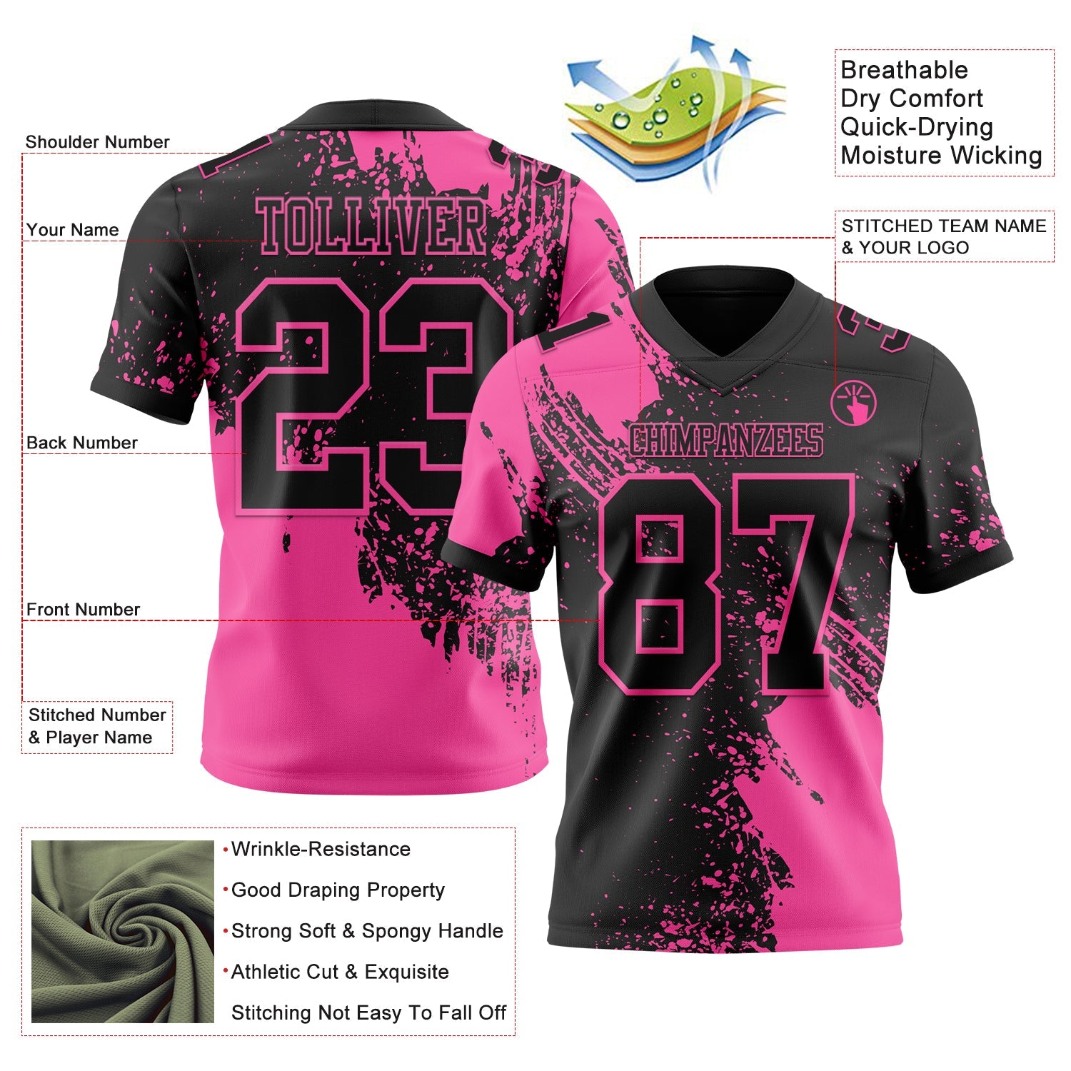Custom Black Pink 3D Pattern Abstract Brush Stroke Authentic Football Jersey view 2