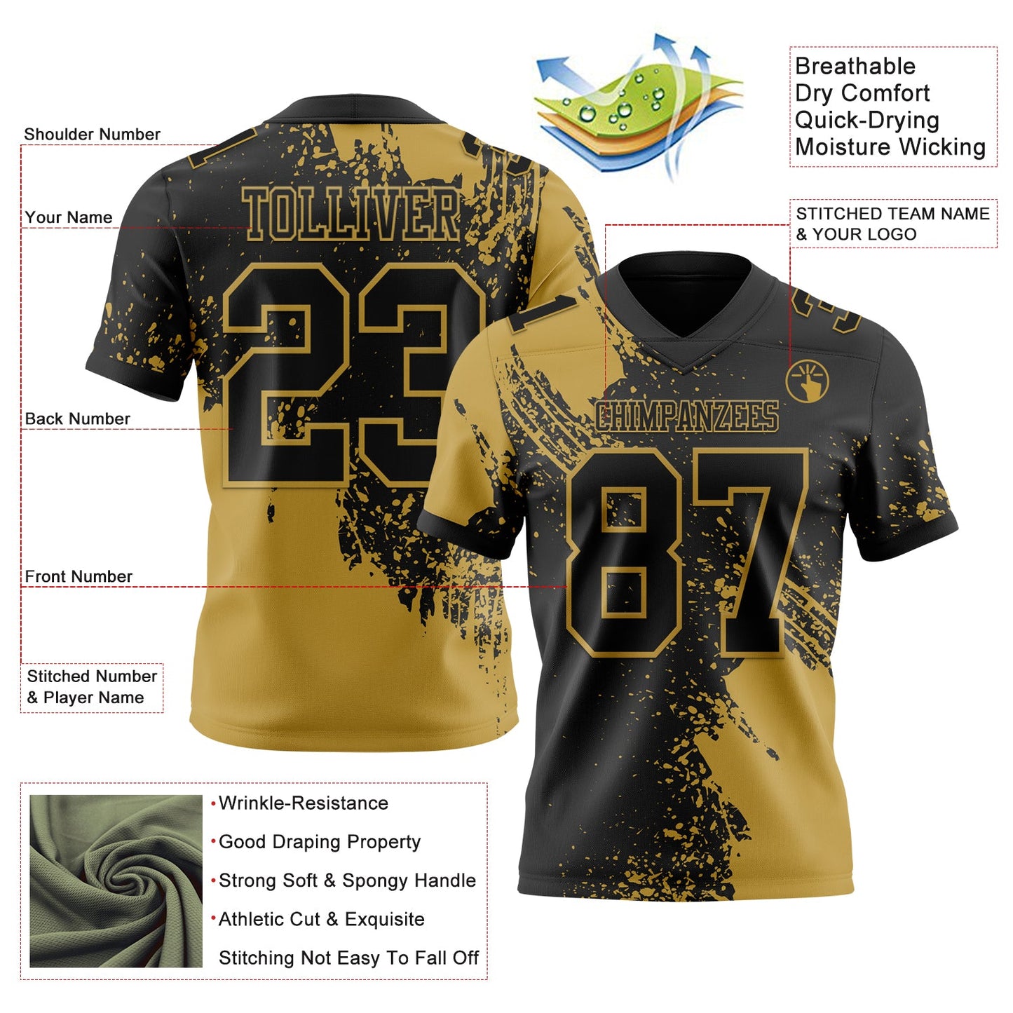 Custom Black Old Gold 3D Pattern Abstract Brush Stroke Authentic Football Jersey view 2