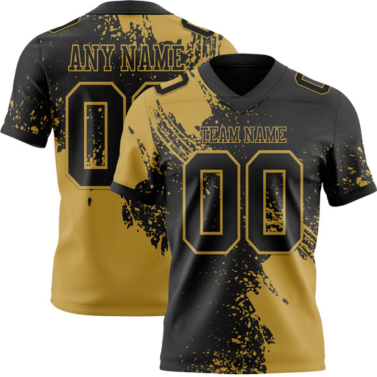 Custom Black Old Gold 3D Pattern Abstract Brush Stroke Authentic Football Jersey - Main View