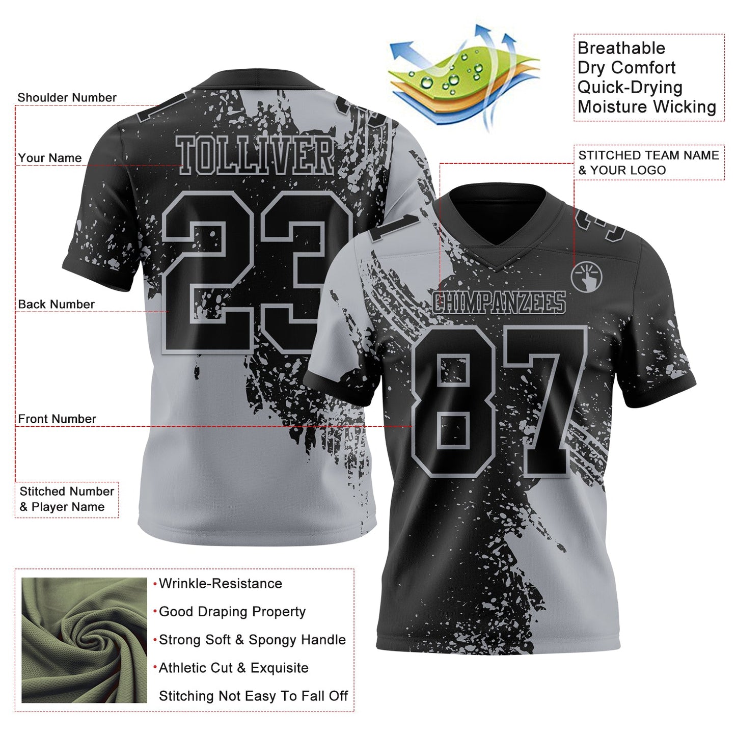 Custom Black Gray 3D Pattern Abstract Brush Stroke Authentic Football Jersey view 2