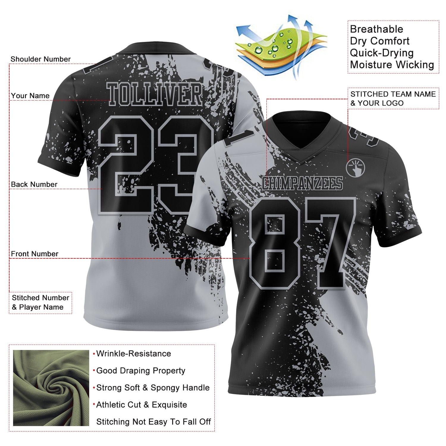 Custom Black Gray 3D Pattern Abstract Brush Stroke Authentic Football Jersey view 2