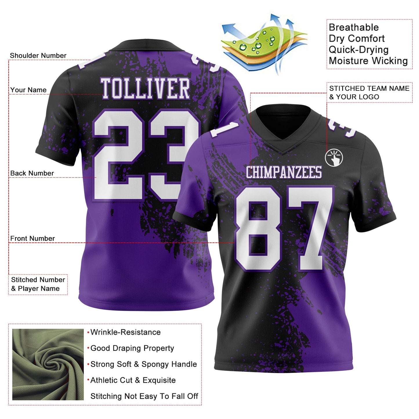 Custom Black White-Purple 3D Pattern Abstract Brush Stroke Authentic Football Jersey view 2
